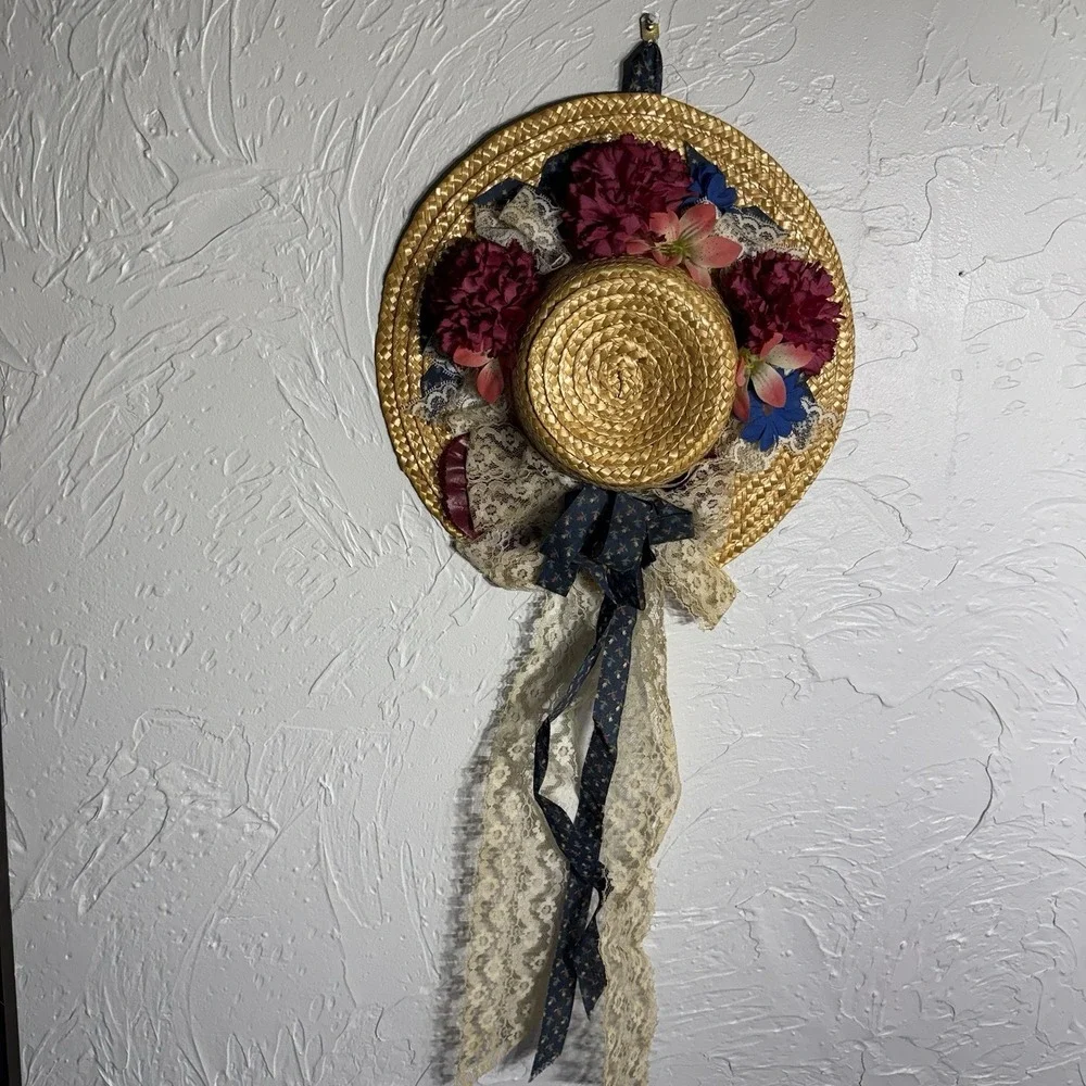 Vintage Handmade Straw Hat Wreath: Floral Door/Wall Decor Prairie Cottage Core